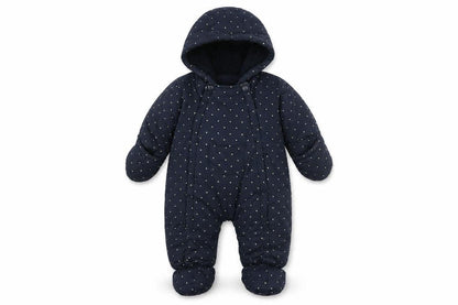 Front view of Kiabi Blue unisex baby snowsuit, 0-3 months, polka dot pattern