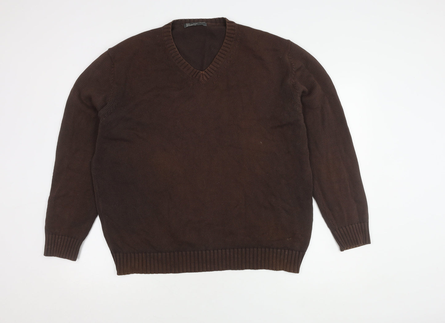 Zara Men's Brown XL V-Neck Cotton Pullover Jumper