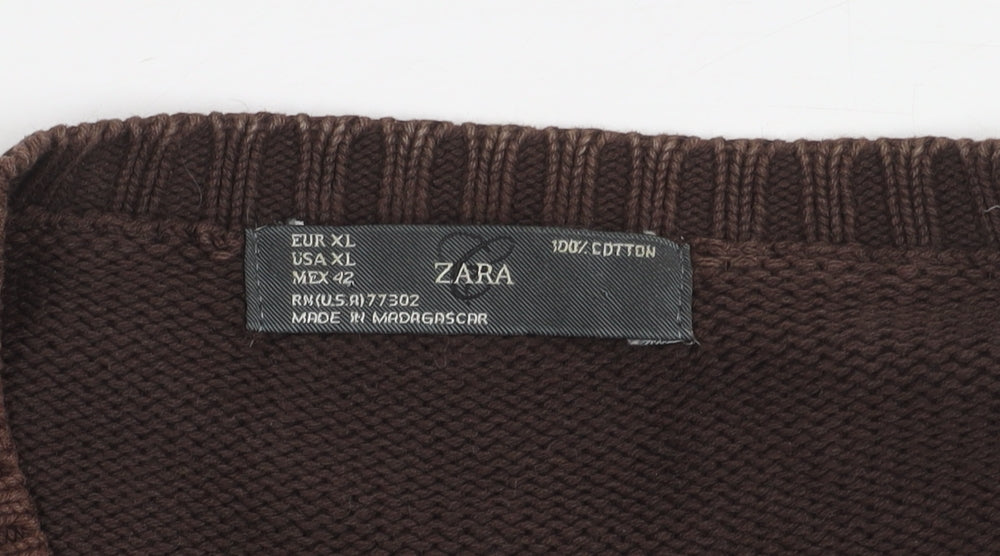Zara Men's Brown XL V-Neck Cotton Pullover Jumper