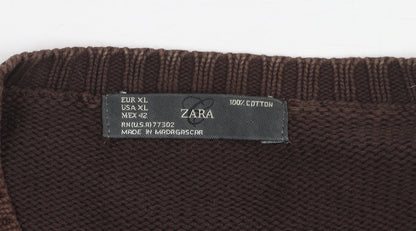 Zara Men's Brown XL V-Neck Cotton Pullover Jumper