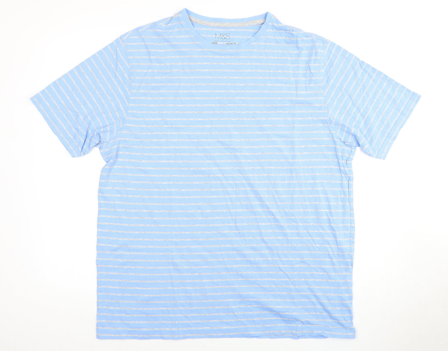 Marks and Spencer Men's Blue Striped T-Shirt L