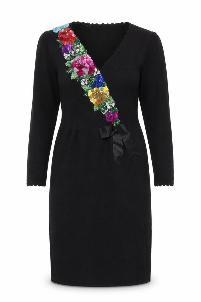 Front view of Don Sayres Black Embroidered Dress Long Sleeve