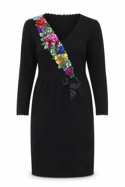 Front view of Don Sayres Black Embroidered Dress Long Sleeve