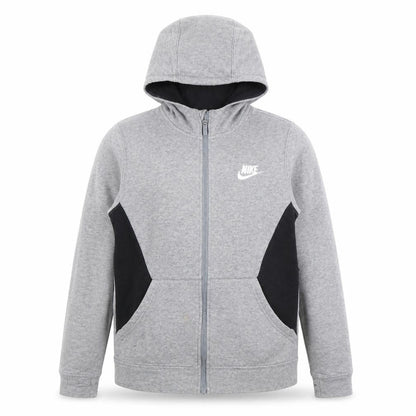 Front view of Nike boys’ grey hoodie l full zip colourblock