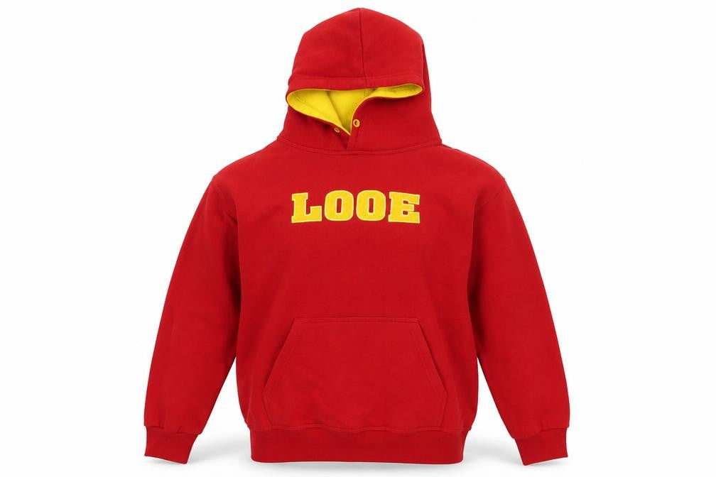 Front view of No Worries Red Hoodie, unisex m, pullover, casual style