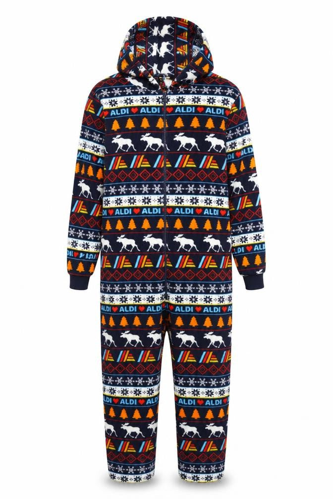 Front view of Aldi unisex adults multicoloured onesie, size S