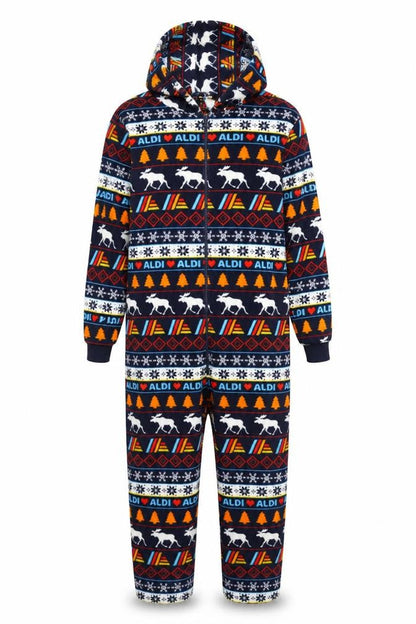 Front view of Aldi unisex adults multicoloured onesie, size S