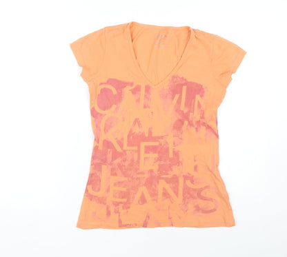 Calvin Klein Women's Orange V-Neck T-Shirt - Size S