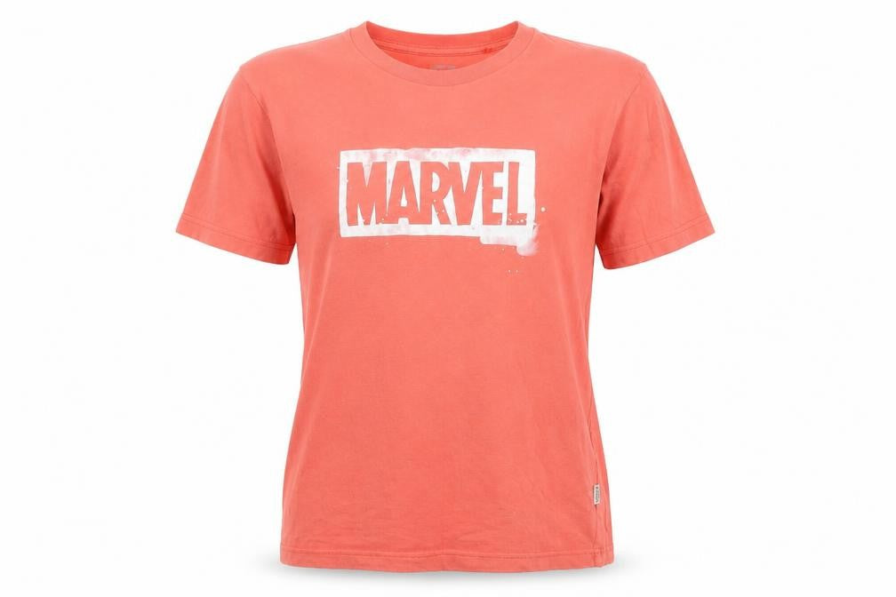 Front view of Marvel unisex red xs t-shirt, crew neck short sleeve