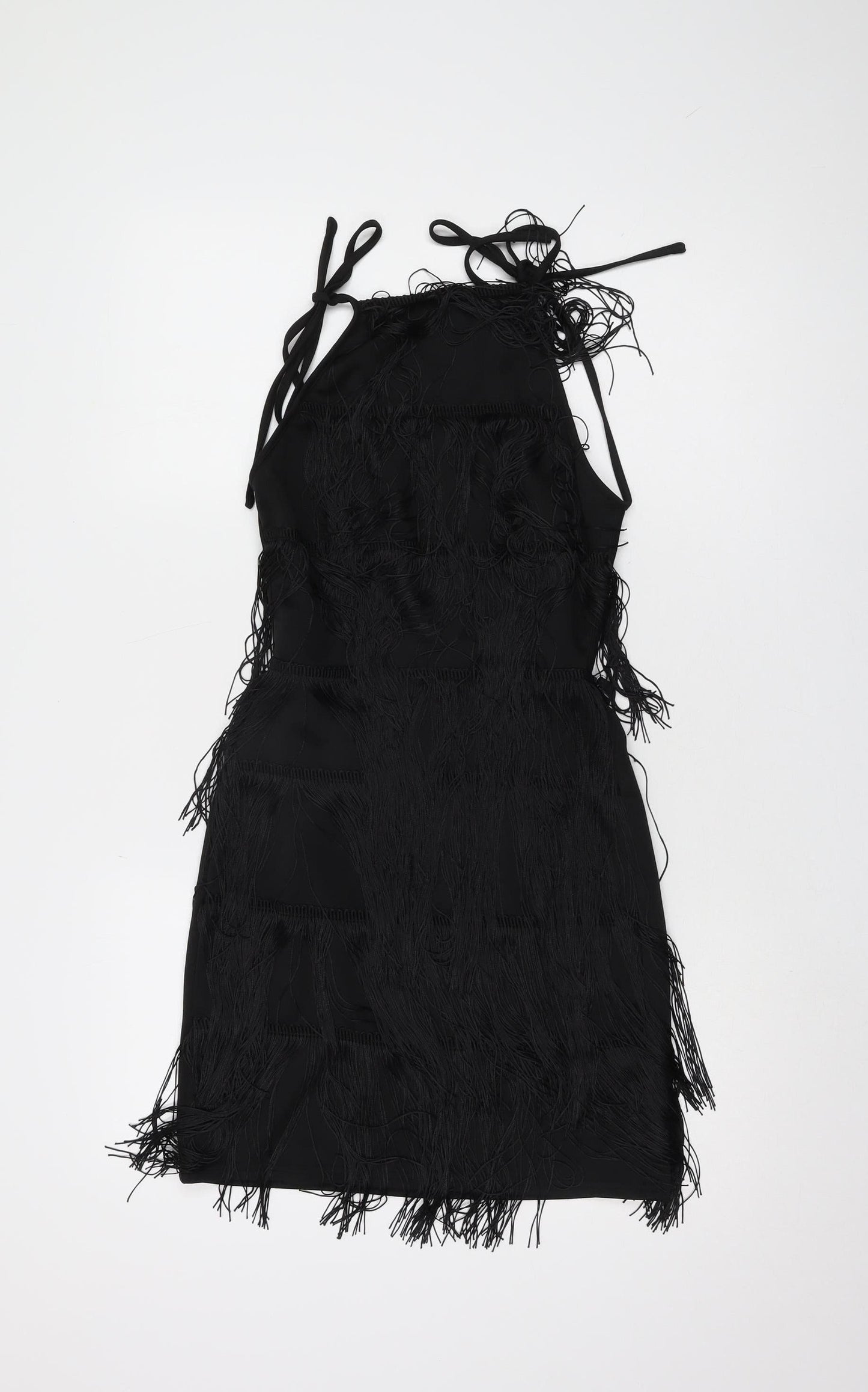 PrettyLittleThing Black Fringe Halter Dress, Size 8, Women