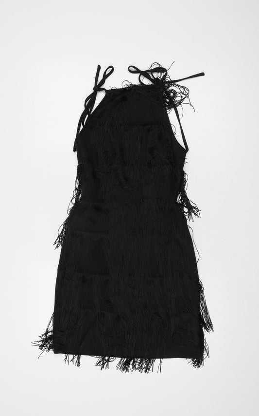 PrettyLittleThing Black Fringe Halter Dress, Size 8, Women