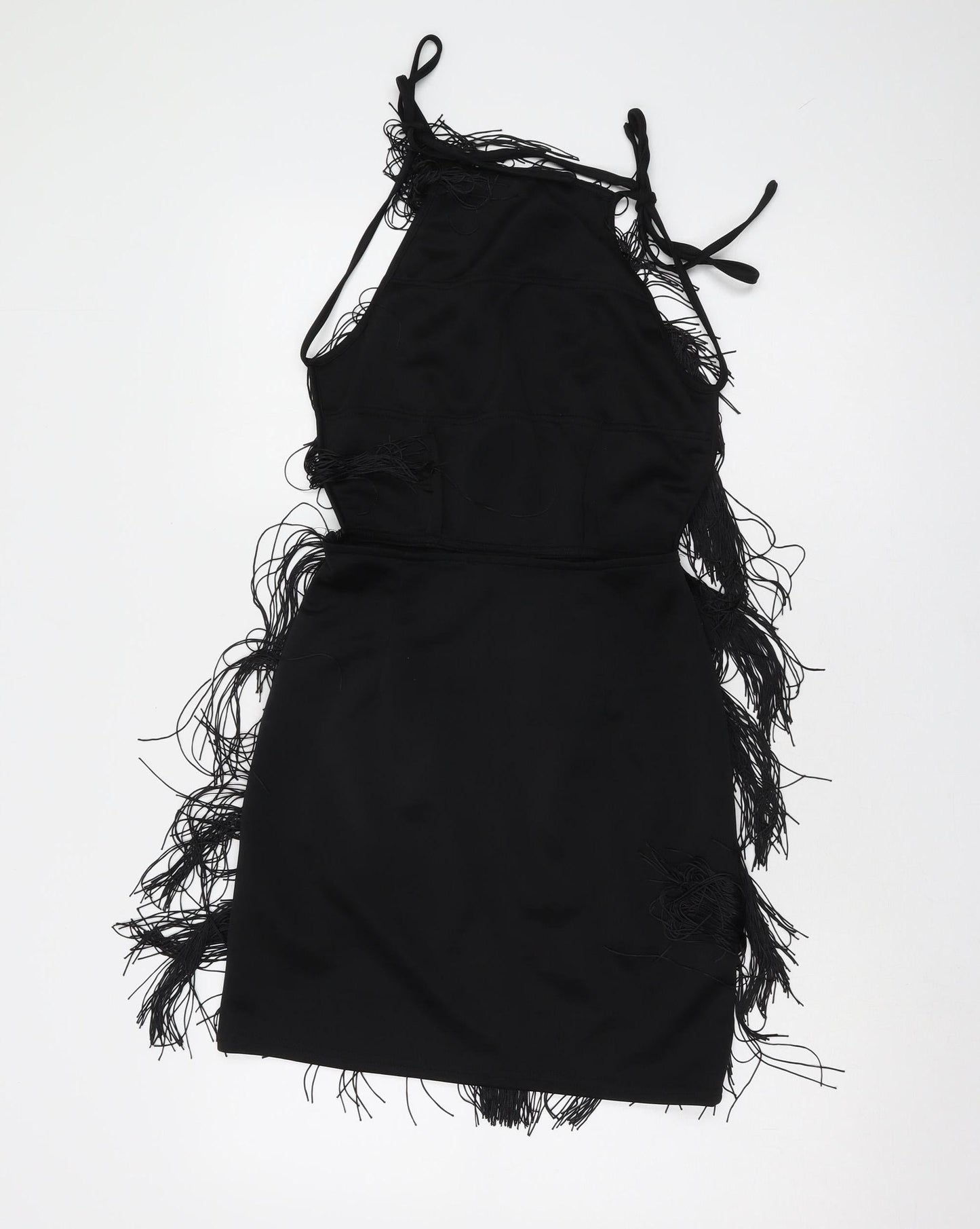 PrettyLittleThing Black Fringe Halter Dress, Size 8, Women
