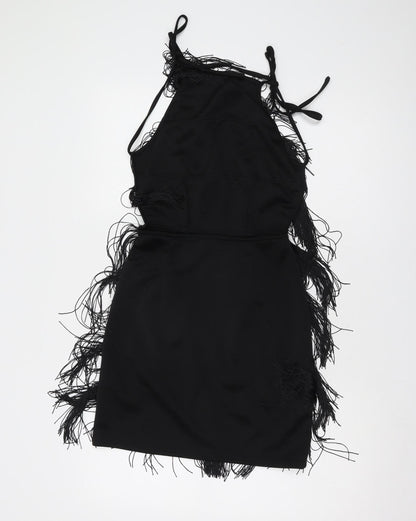 PrettyLittleThing Black Fringe Halter Dress, Size 8, Women