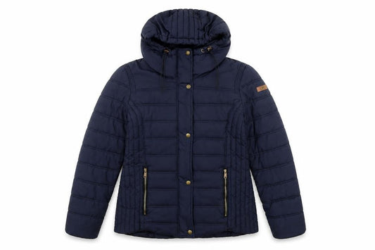 Front view of EDC Women's Blue Puffer Jacket M Hooded Zipped Pockets