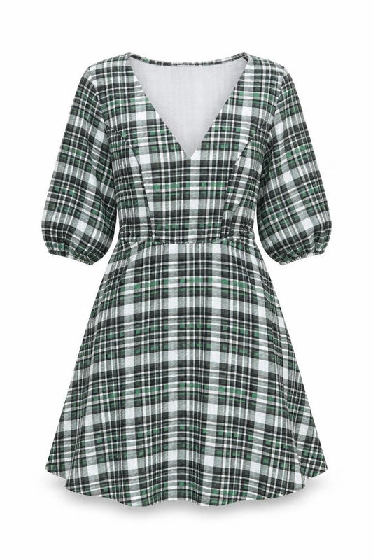 Front view of ASOS Design Women’s Multicoloured Plaid V-Neck Dress, size UK 8