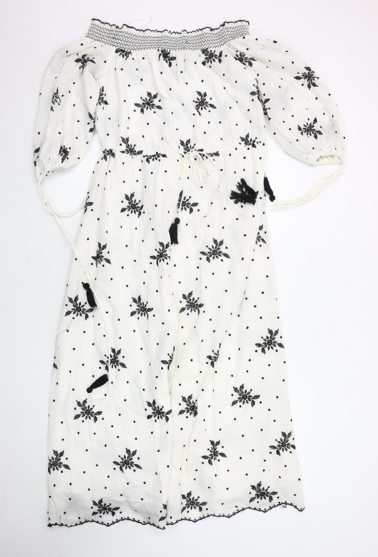 Zara Women's White Embroidered Dress Size M