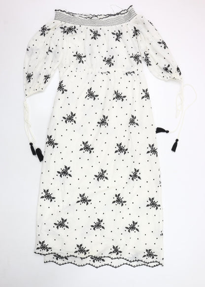 Zara Women's White Embroidered Dress Size M