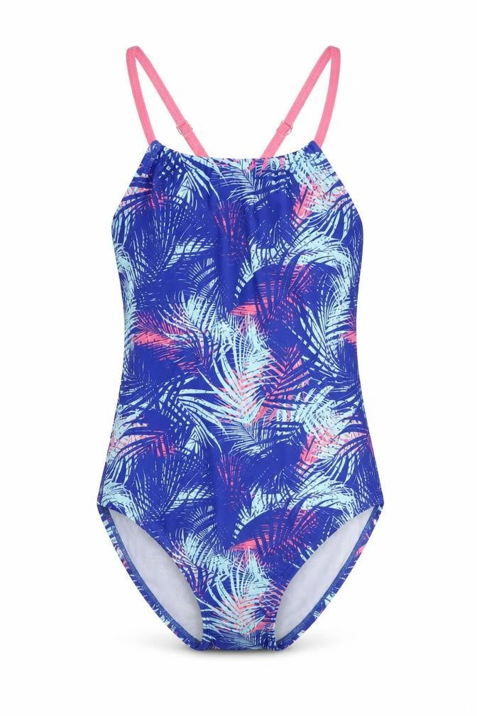 Front view of Mountain Warehouse girls’ blue one piece swimsuit 9-10 yrs