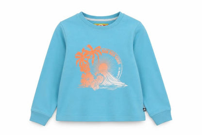 Front view of St. Bert's girls’ blue pullover sweatshirt 9-10 years - graphic beach