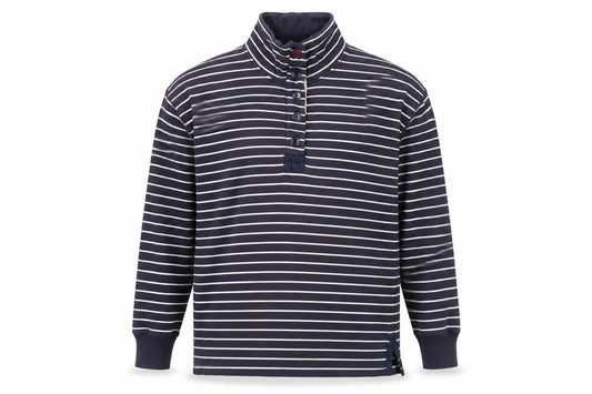 Front view of Joules unisex blue striped henley sweatshirt l