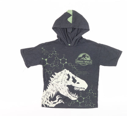 Jurassic World Boys Grey Hooded T-Shirt, Dino Graphic, Size 5-6