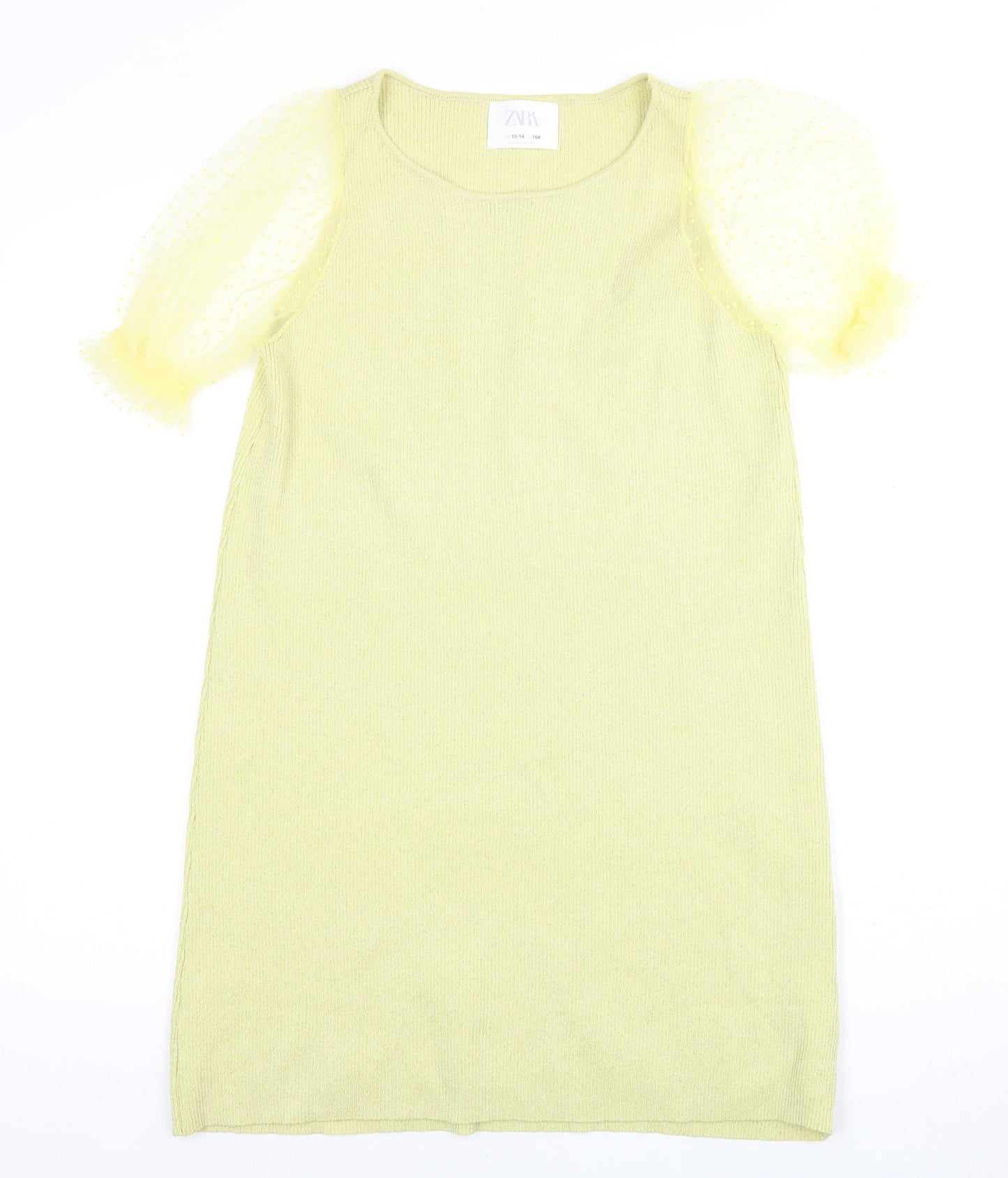 Zara Girls Green Knit Puff Sleeve Shift Dress 13-14 Years