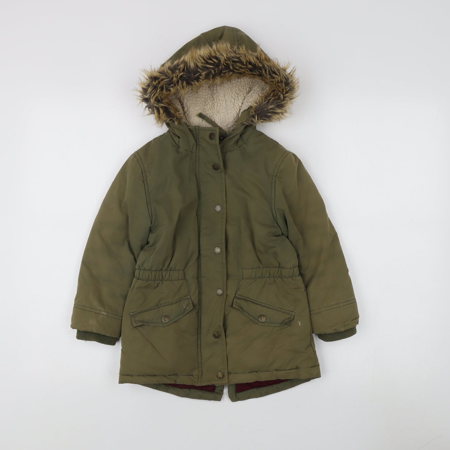 FatFace Girls Green Parka Coat 4-5 Years Faux Fur Hooded