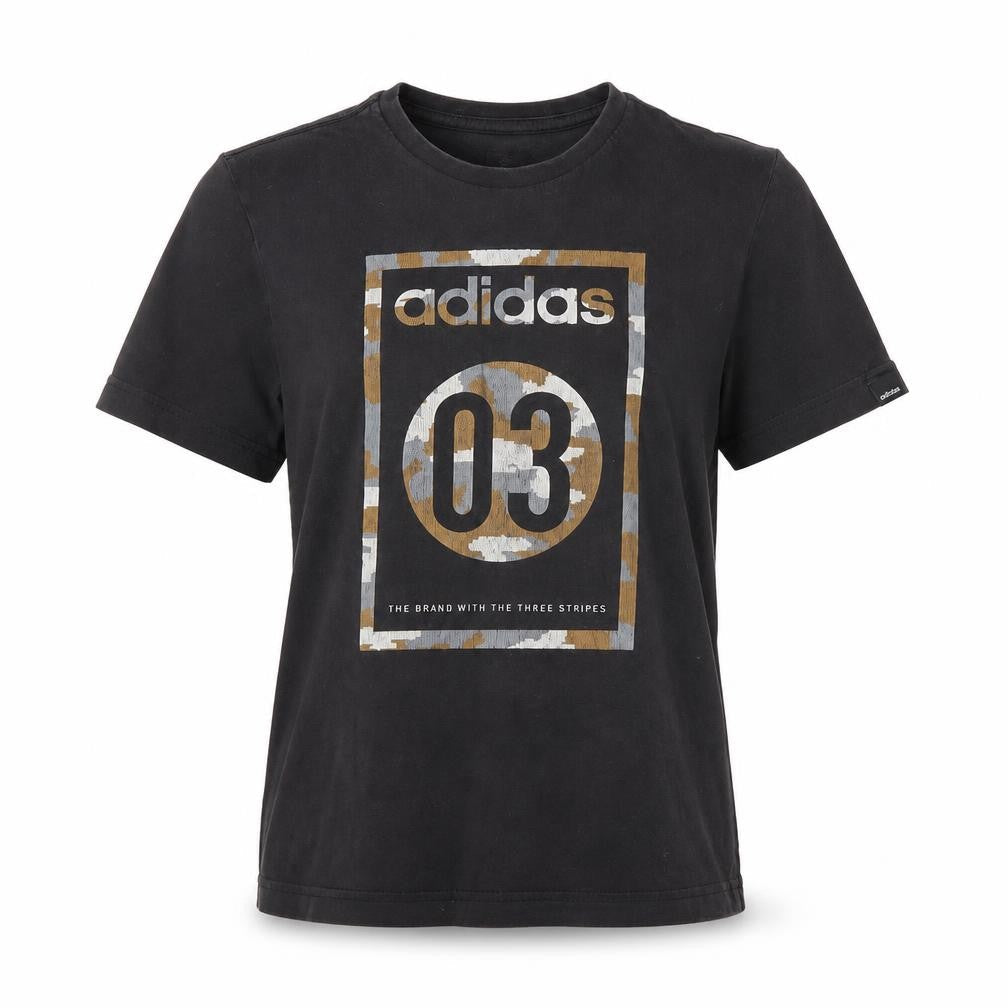 Front view of Adidas unisex black crew neck t-shirt, size 12