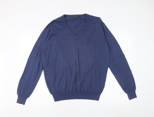 Woolovers Men's Blue V-Neck Cashmere Blend Jumper M