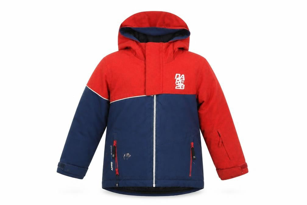 Front view of Dare 2b boys’ red blue puffer jacket 3-4 years hooded winter