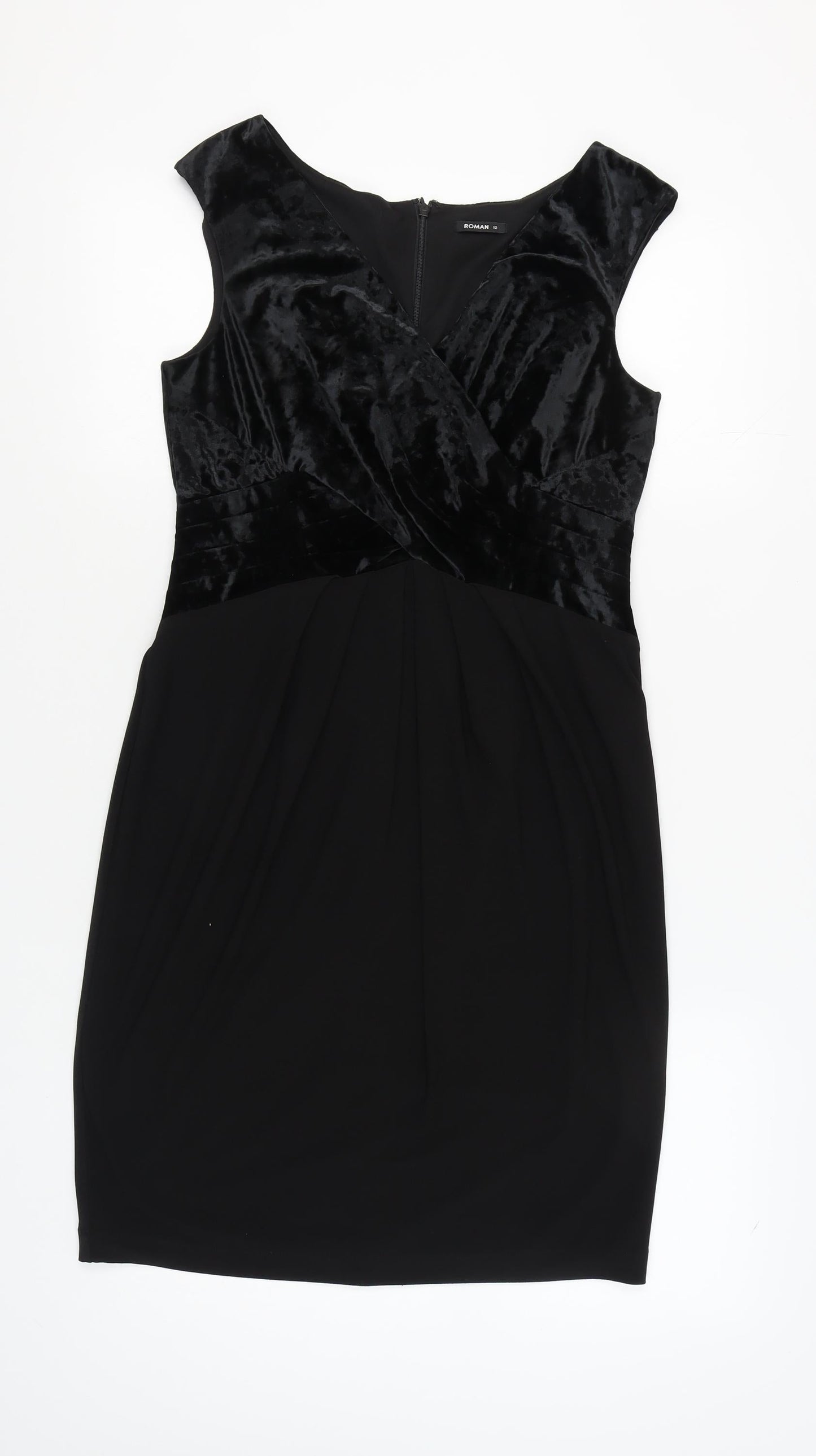 Roman Women’s Black V-Neck Velour Dress Size 12