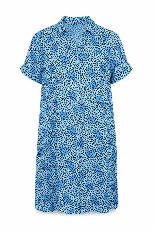 Front view of EDC Women's Blue Animal Print Shirt Dress, size 4