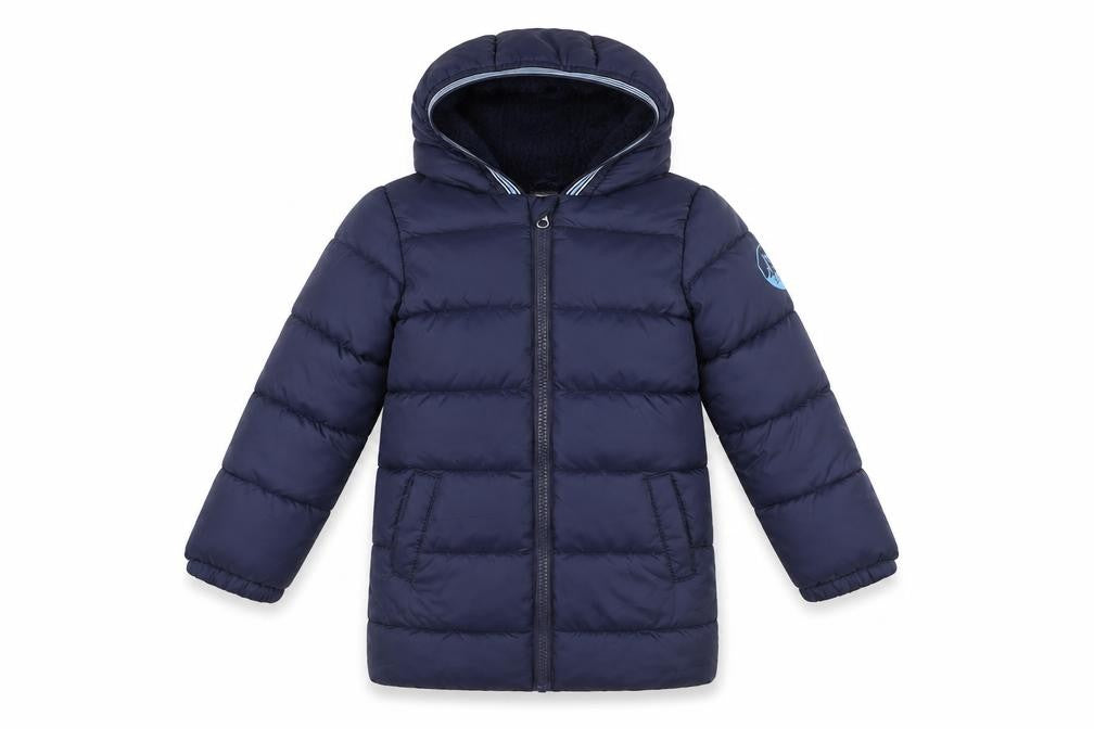 Front view of Lily & Dan boys’ blue hooded puffer jacket 3-4 years