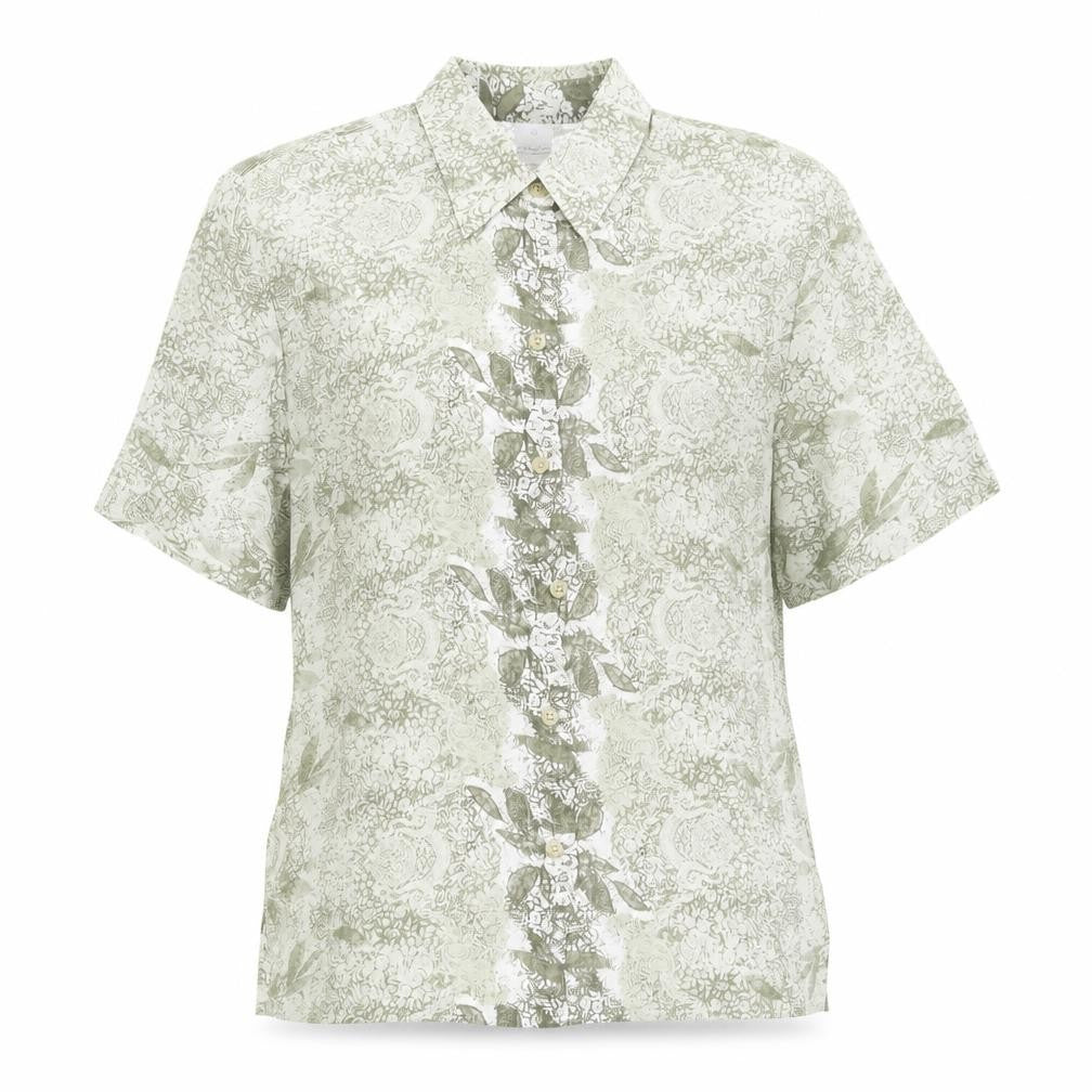 Front view of DUO Green Paisley Button-Up Shirt, size 12, Viscose