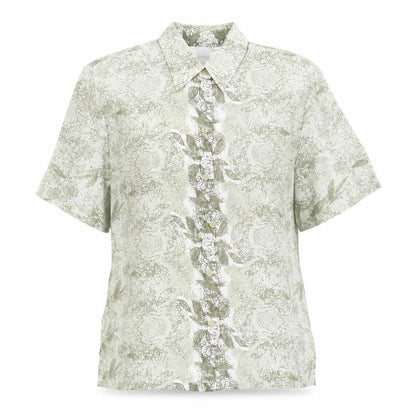 Front view of DUO Green Paisley Button-Up Shirt, size 12, Viscose