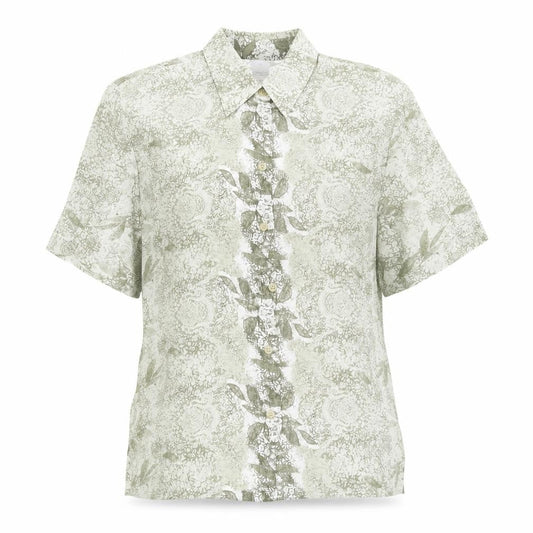 Front view of DUO Green Paisley Button-Up Shirt, size 12, Viscose