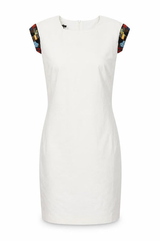 Front view of Mango Collection White Sheath Dress, Cap Sleeves, size 12