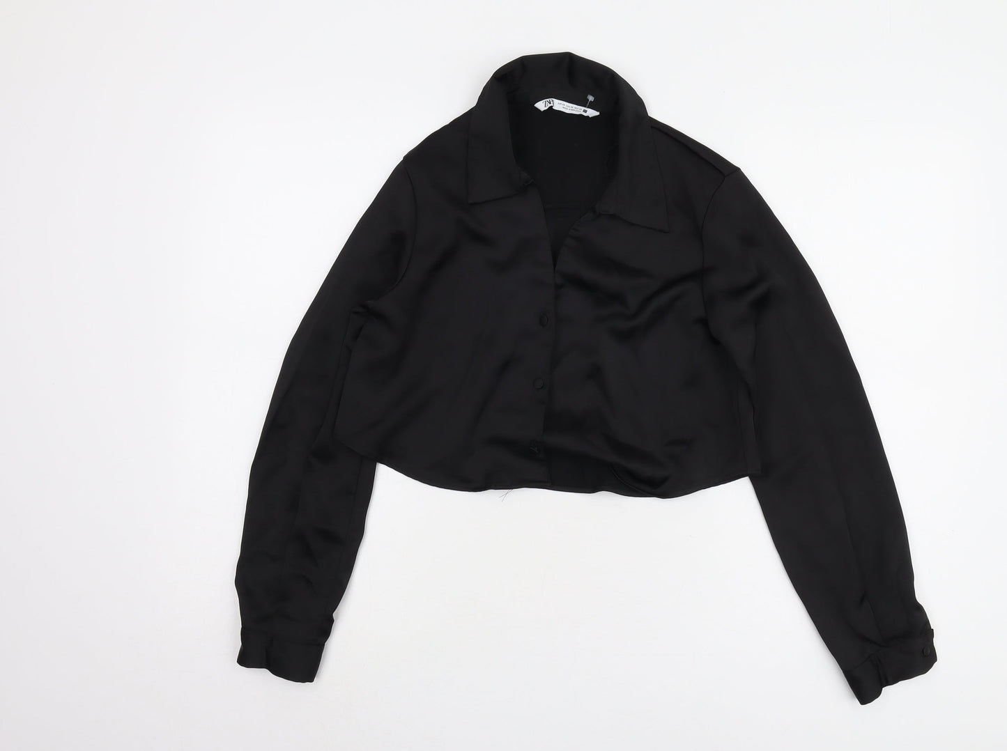 Womens UK Size XS Zara Black Cropped Button-Up