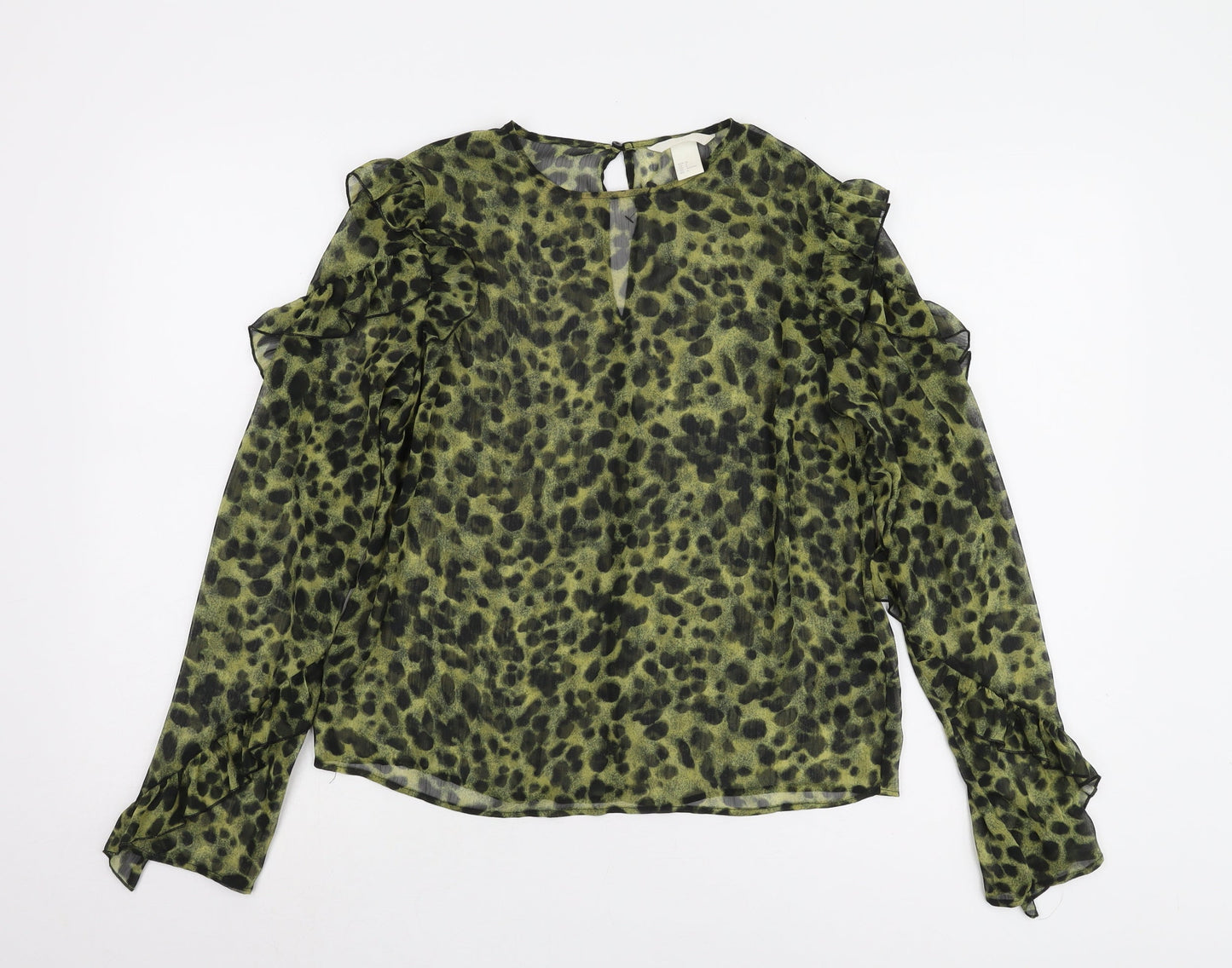H&M Women’s Green Animal Print Blouse, Size 6, Long Sleeve