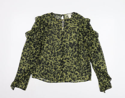 H&M Women’s Green Animal Print Blouse, Size 6, Long Sleeve