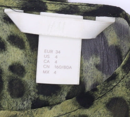 H&M Women’s Green Animal Print Blouse, Size 6, Long Sleeve