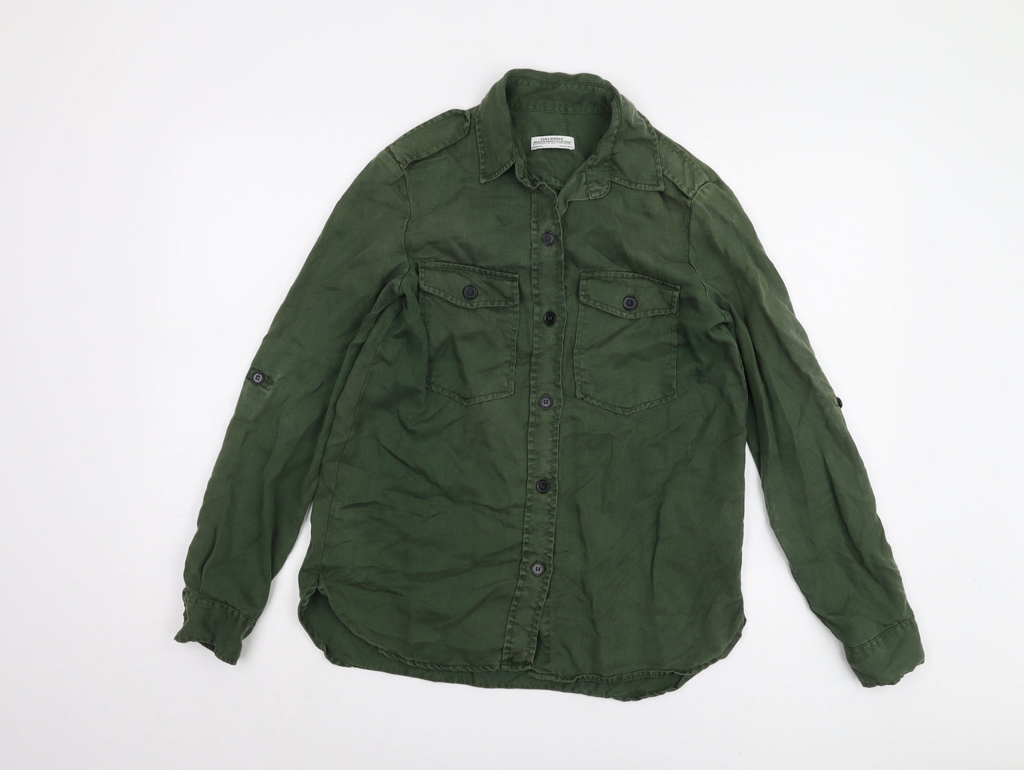 Womens UK Size 2XS Zara Green Basic Button-Up