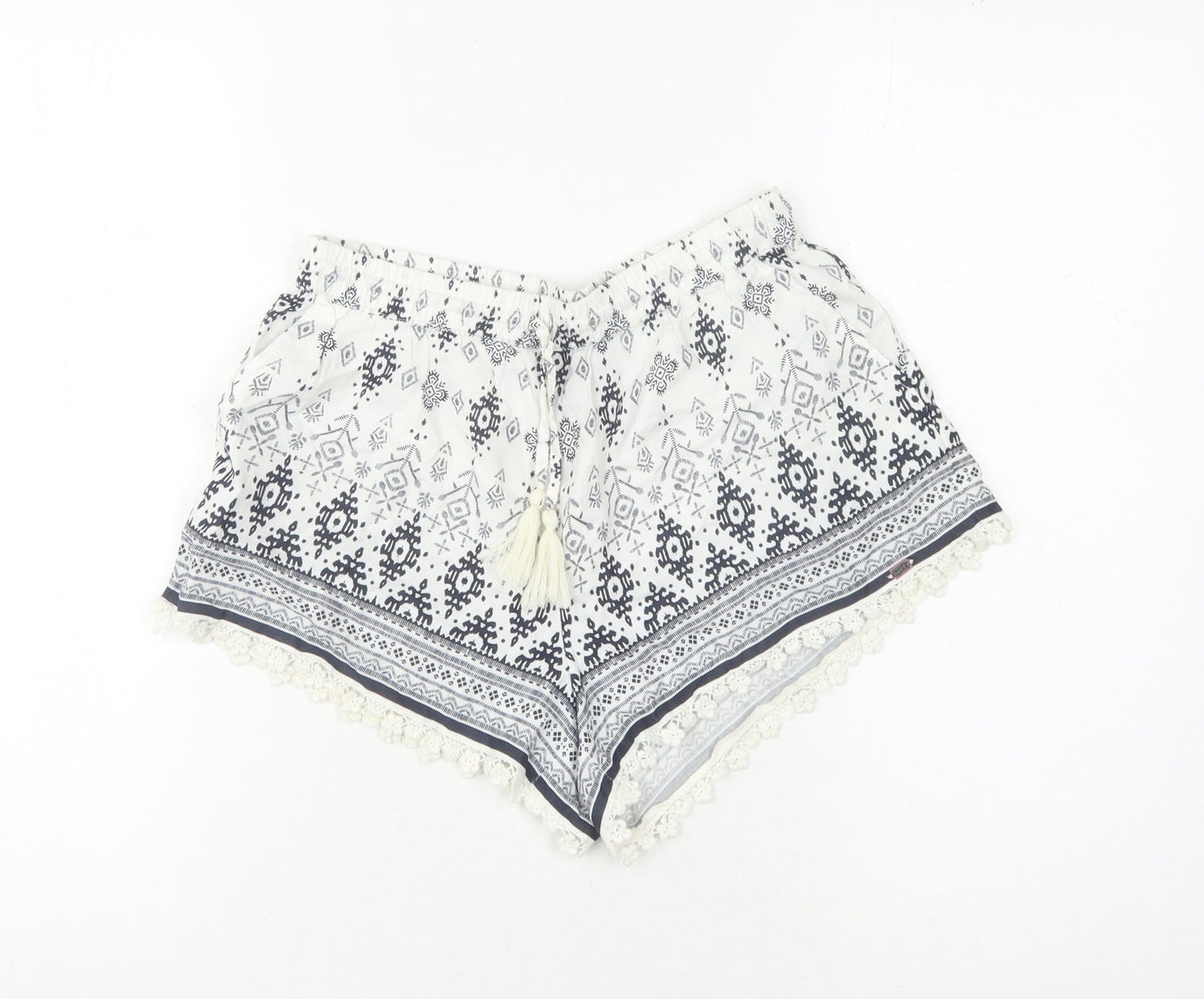 Superdry Women's White Printed Shorts with Tassels