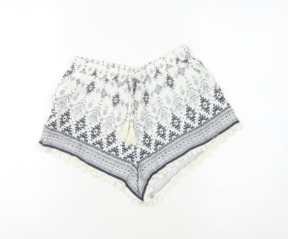 Superdry Women's White Printed Shorts with Tassels