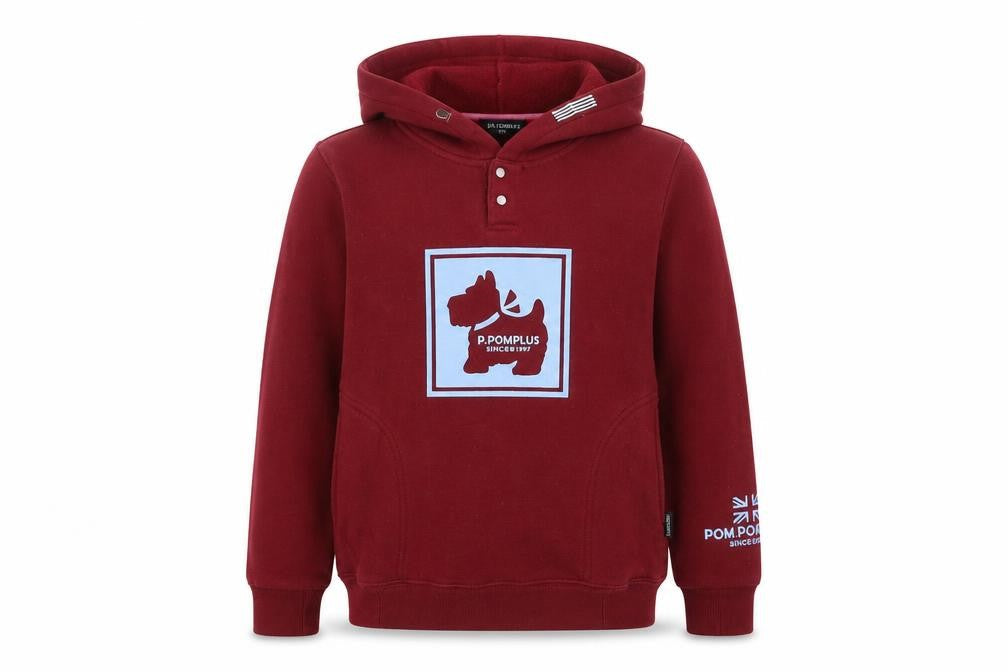 Front view of Pom Pomplus boys’ red graphic hoodie, size 12, autumn winter pullover
