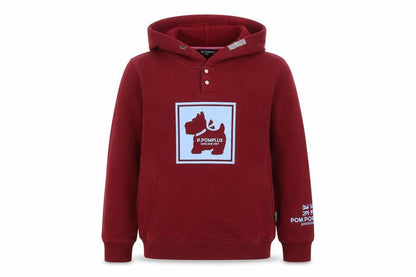 Front view of Pom Pomplus boys’ red graphic hoodie, size 12, autumn winter pullover