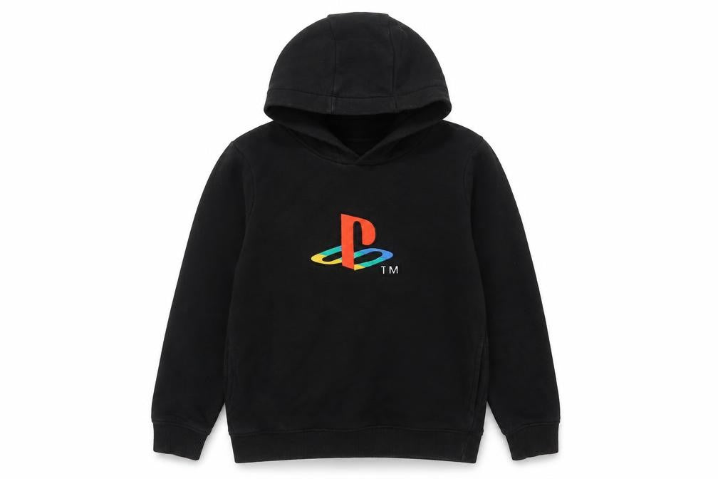 Front view of George boys’ black pullover hoodie with playstation logo