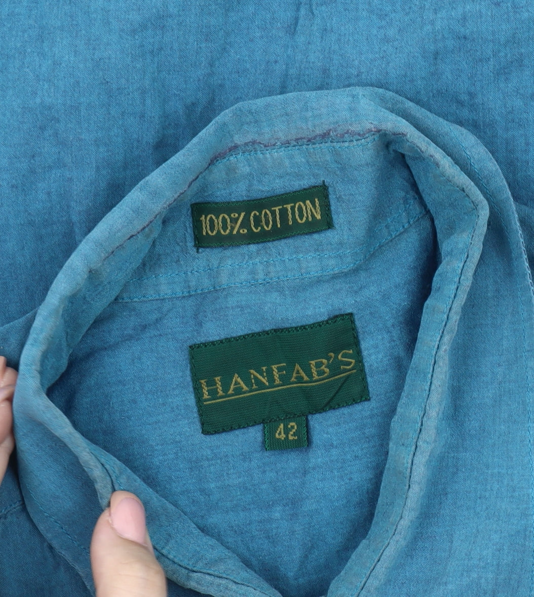 HANFAB'S Men's Blue Long Sleeve Shirt, Size 42, Casual