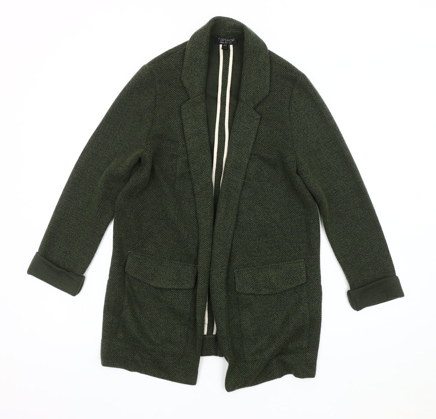 Topshop Women's Green Blazer, Size 8, Herringbone Pattern