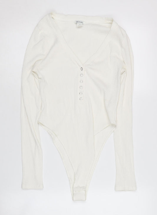 Monki Women's White Long Sleeve Bodysuit, Size S, Casual